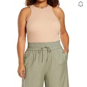 Open Edit Crewneck Rib Thong Bodysuit In Tan Nougat